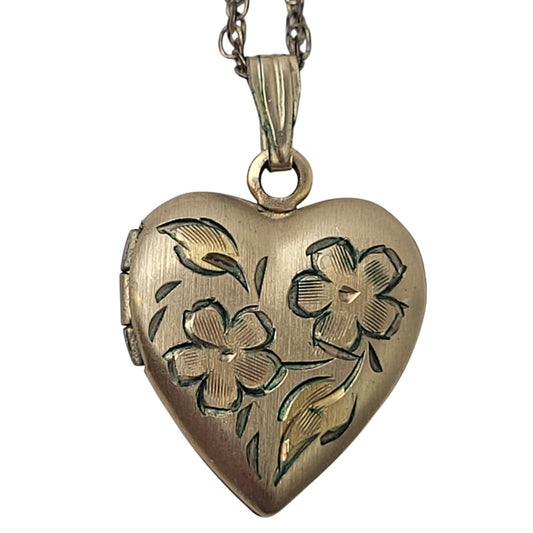 Vintage 14K Gold-Filled Heart Locket Necklace w Floral Etching | 18" Chain