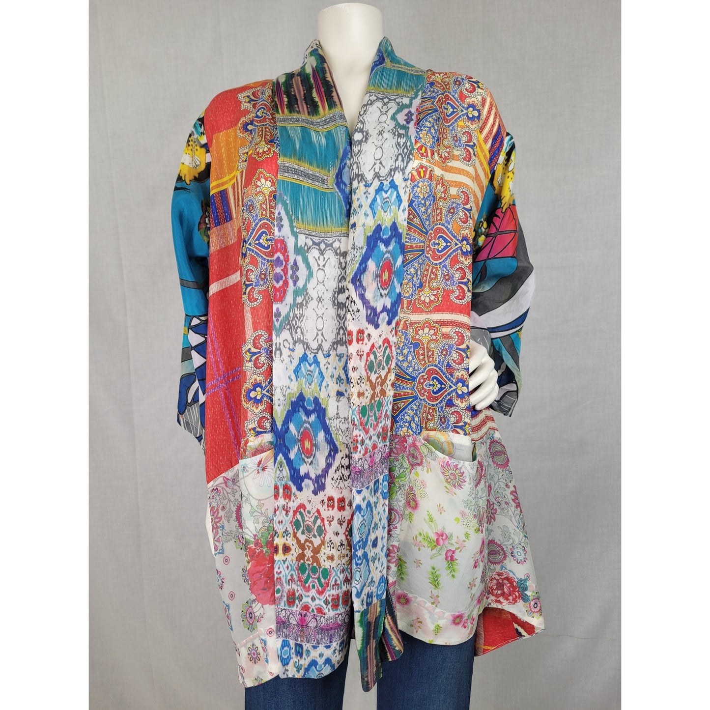Johnny Was Multicolor Patchwork Silk Kimono Jacket Bohemian Style Sz S