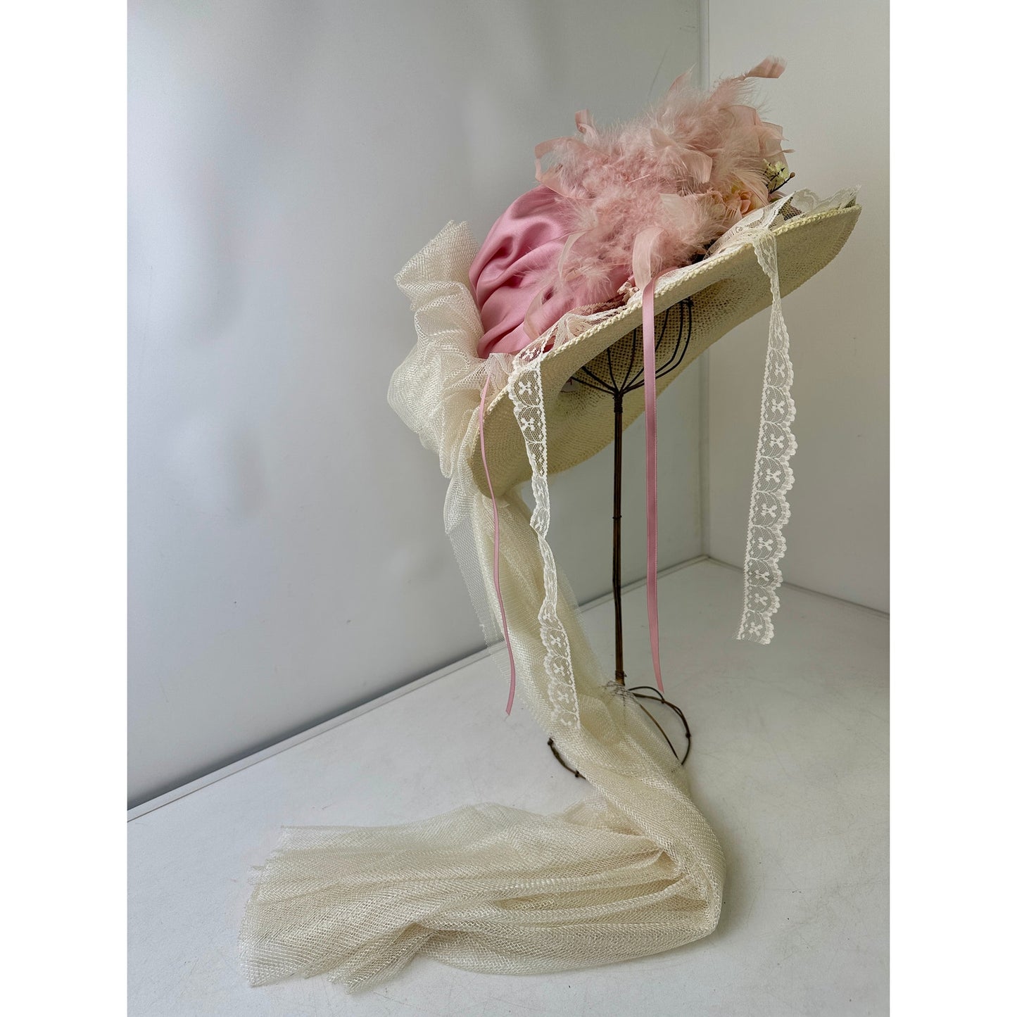VTG Elsie Massey Originals Pink Floral Wide Brim Victorian Derby Hat