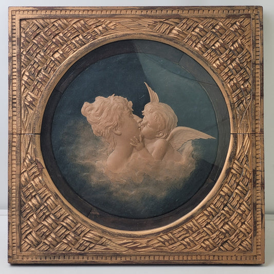Antique Relief-Molded Cherub & Angel Scene in Decorative Gold Wooden Frame