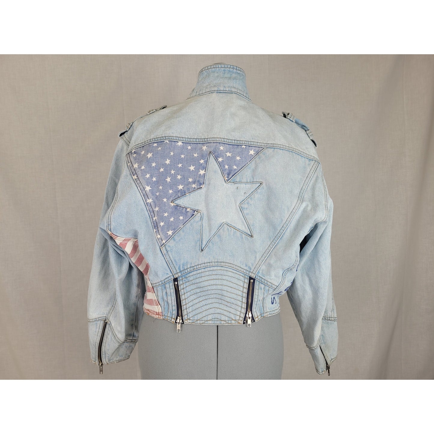 1980s VTG Cropped Denim Moto Jacket Stars Stripes Sz S/M