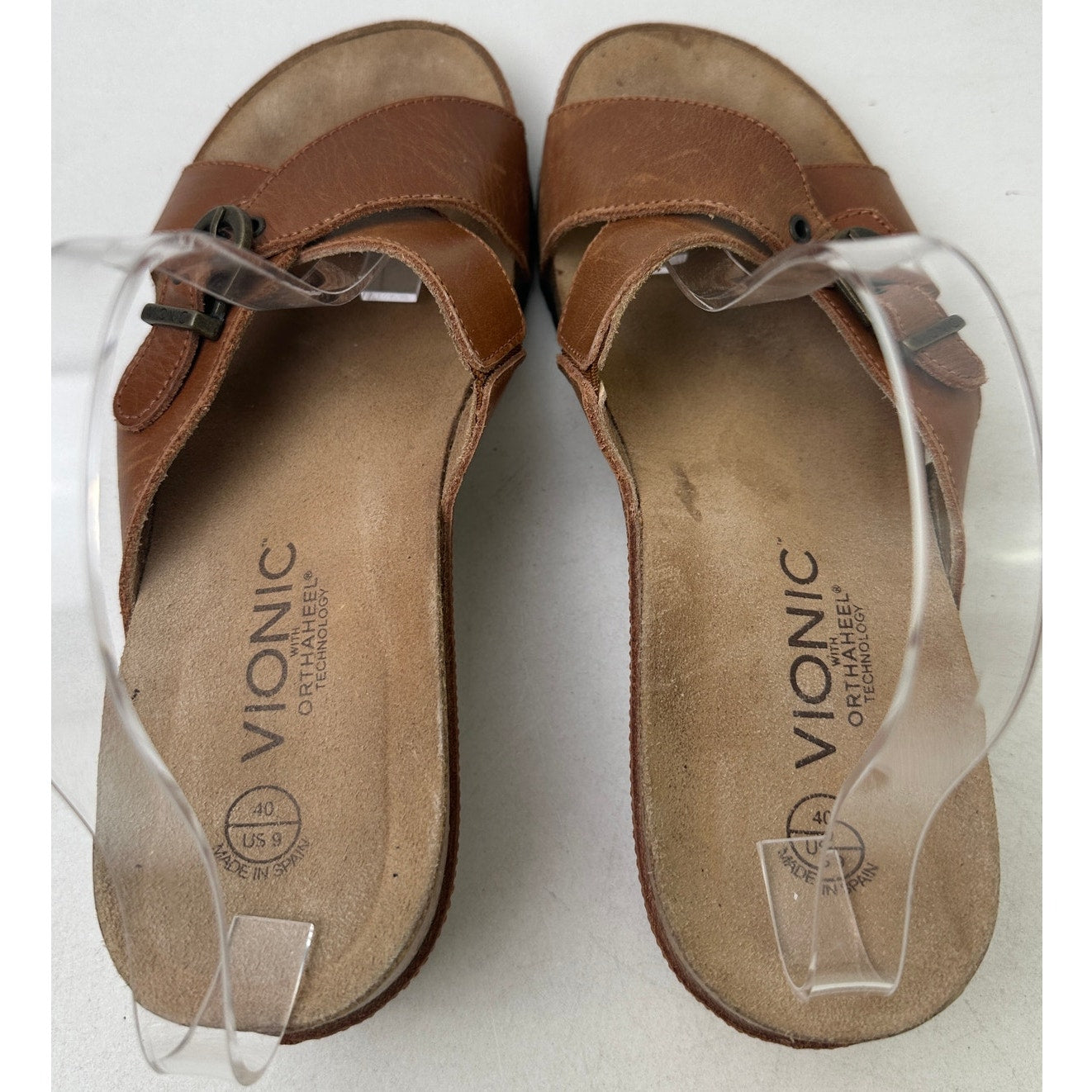 Vionic Orthaheel Mallorca Brown Leather Wedge Slide Sandals Women's Sz 9