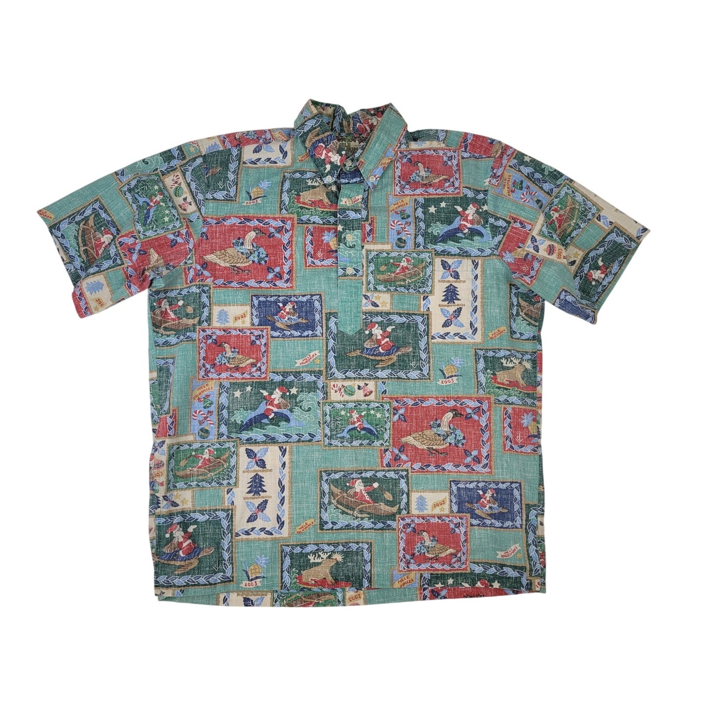 Vintage Reyn Spooner Reverse Print Christmas Santa Hawaiian Shirt Men's Sz L