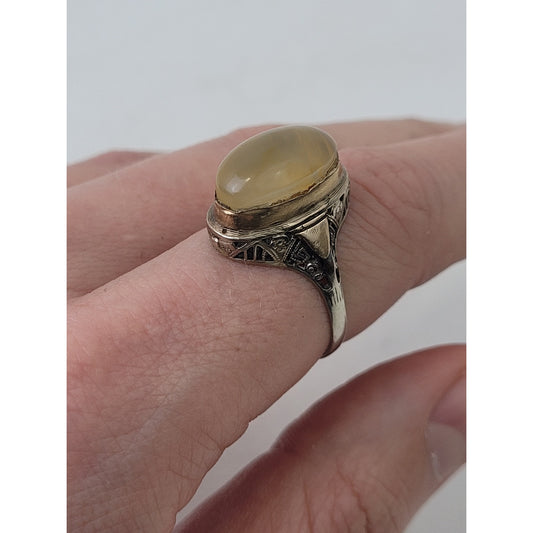 Antique Art Deco 14K White Gold Filigree Ring w Statement Agate Stone Sz 7 3/4