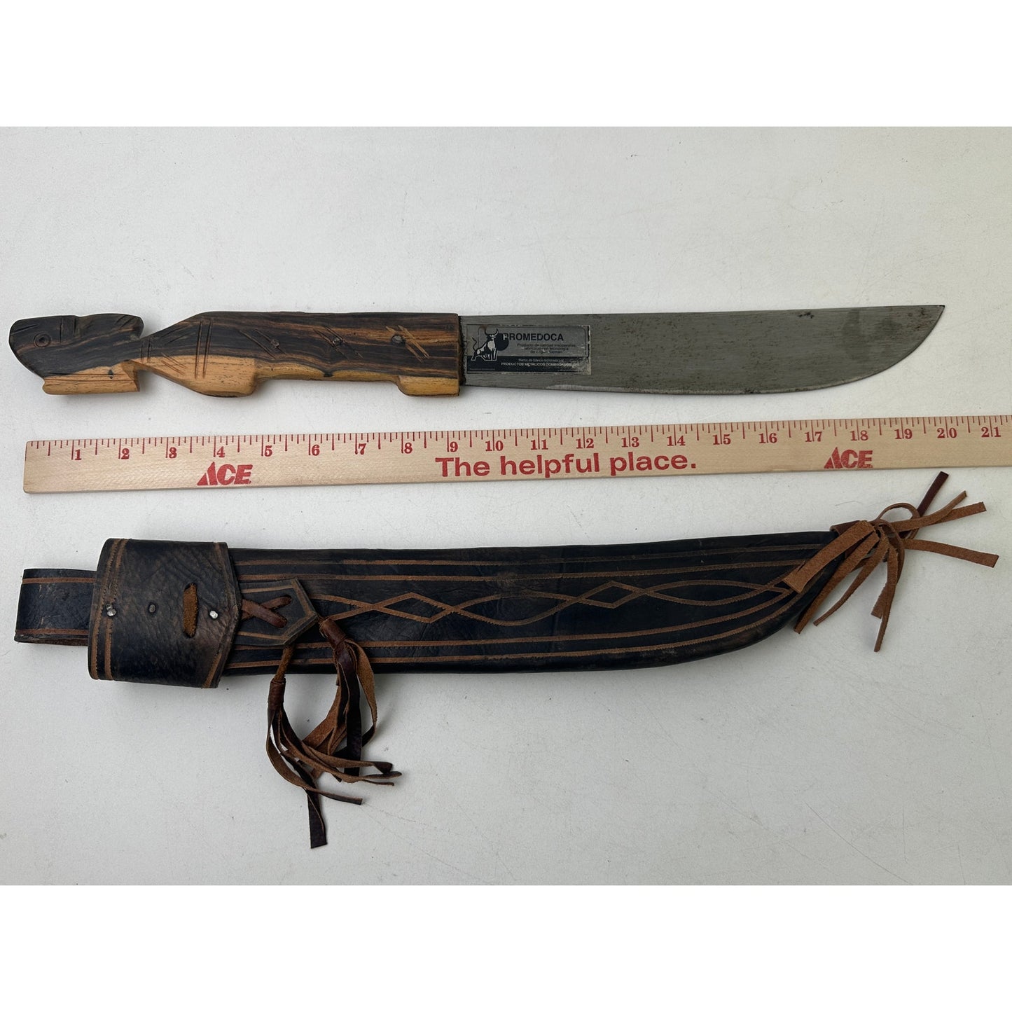 Vintage Dominican Promedoca Machete | Hand Carved Animal Handle & Tooled Leather Sheath