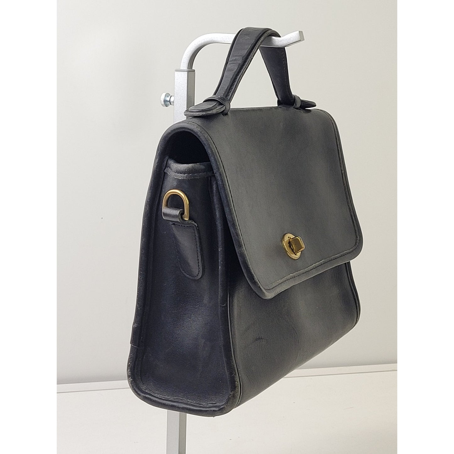 Vintage 90s Coach Court Bag Black Leather Brass Top Handle Purse | No Strap