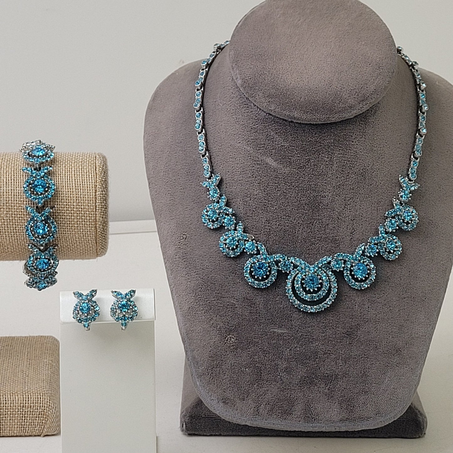 Vintage 1950s ORA Blue Rhinestone Necklace, Bracelet, & Earrings Set
