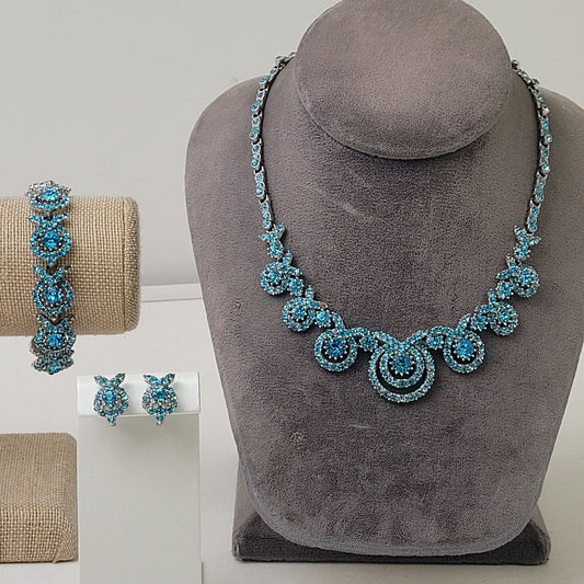 Vintage 1950s ORA Blue Rhinestone Necklace, Bracelet, & Earrings Set