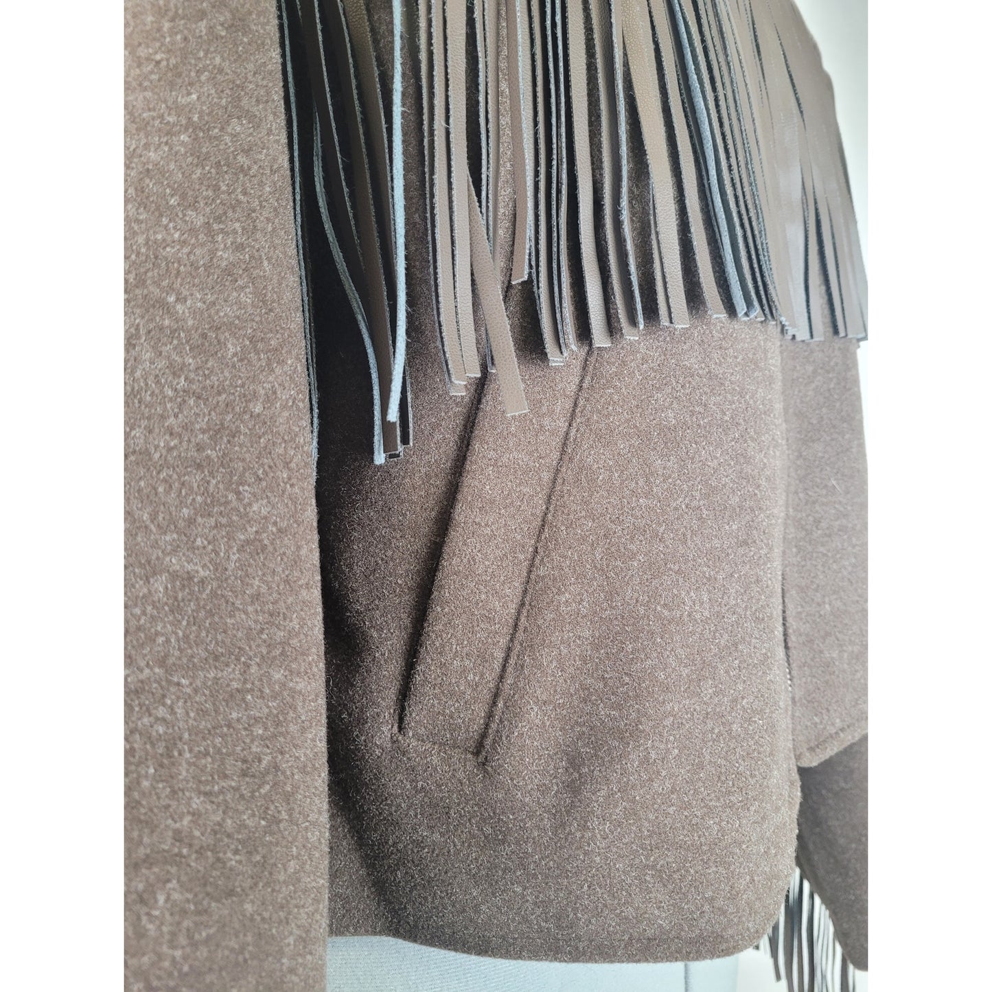 BLANK NYC Anthropologie Brown Cropped Fringe Bomber Jacket Women's Sz L NWT