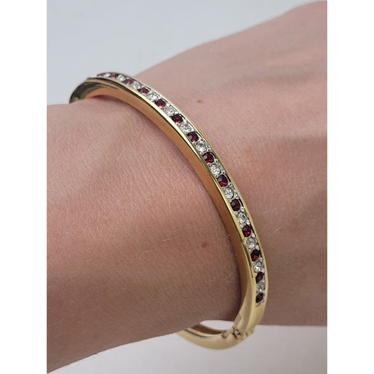 Swarovski Red & Clear Rhinestone Gold-Tone Hinged Bracelet Signed | 6.5 Inches
