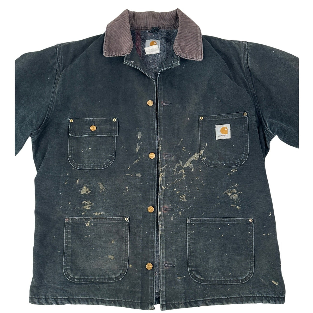 VTG Carhartt C01 Black Blanket-Lined Distressed Chore Coat Jacket Men's Sz XL