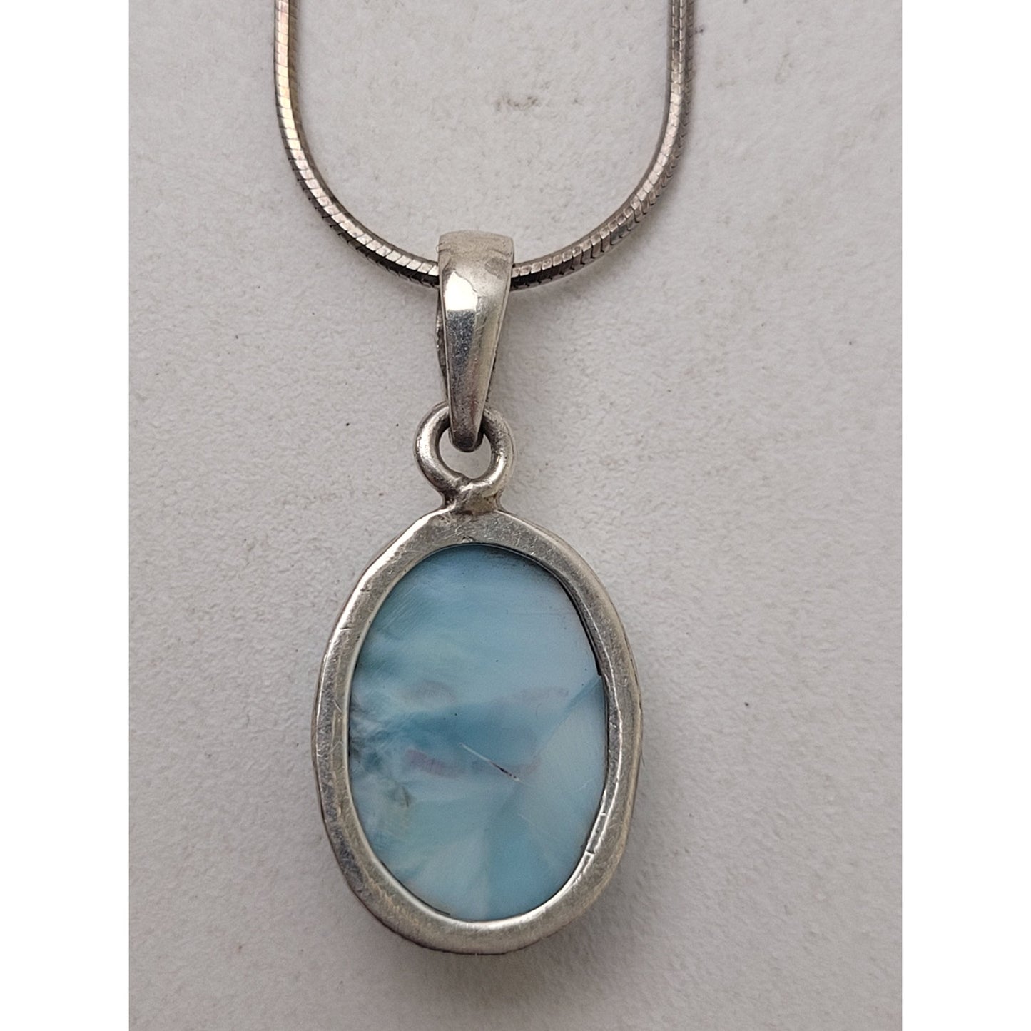 Natural Blue Larimar 30mm Long Oval Pendant on 16" Sterling Silver Chain