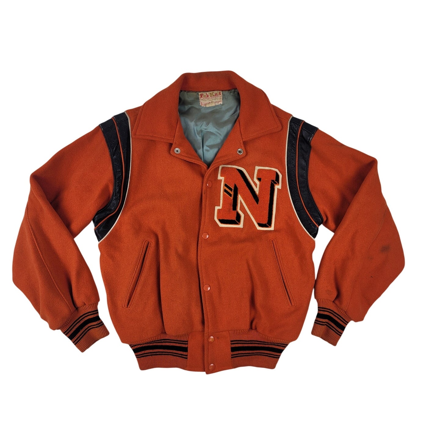 Vintage 1970s Fab-Knit Orange Varsity Jacket Wool w Leather Trim Men's Sz 40