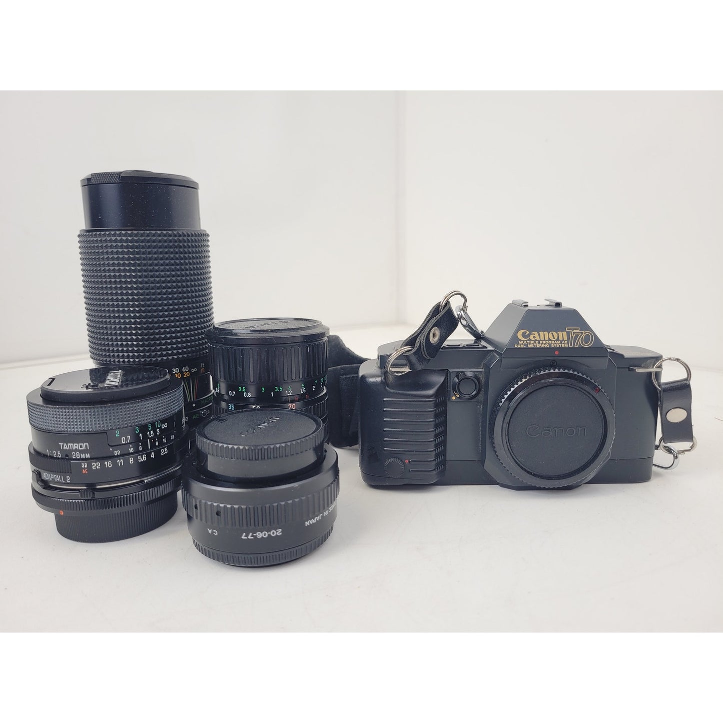 Vintage Canon T70 35mm SLR Camera + 4 Lenses, Flash & Carrying Case