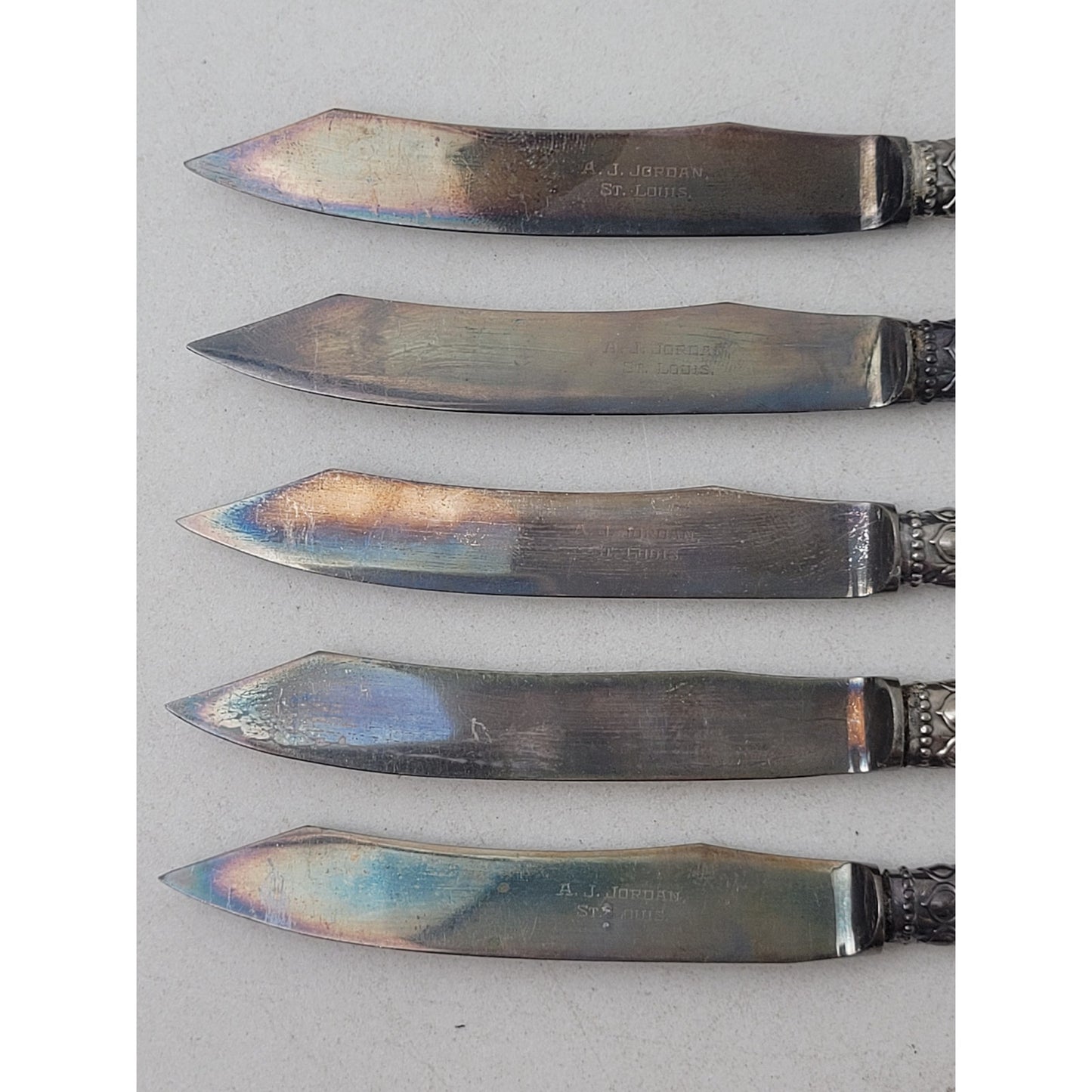 Antique A.J. Jordan Mother of Pearl Handle Fruit Dessert Knives | Set of 5