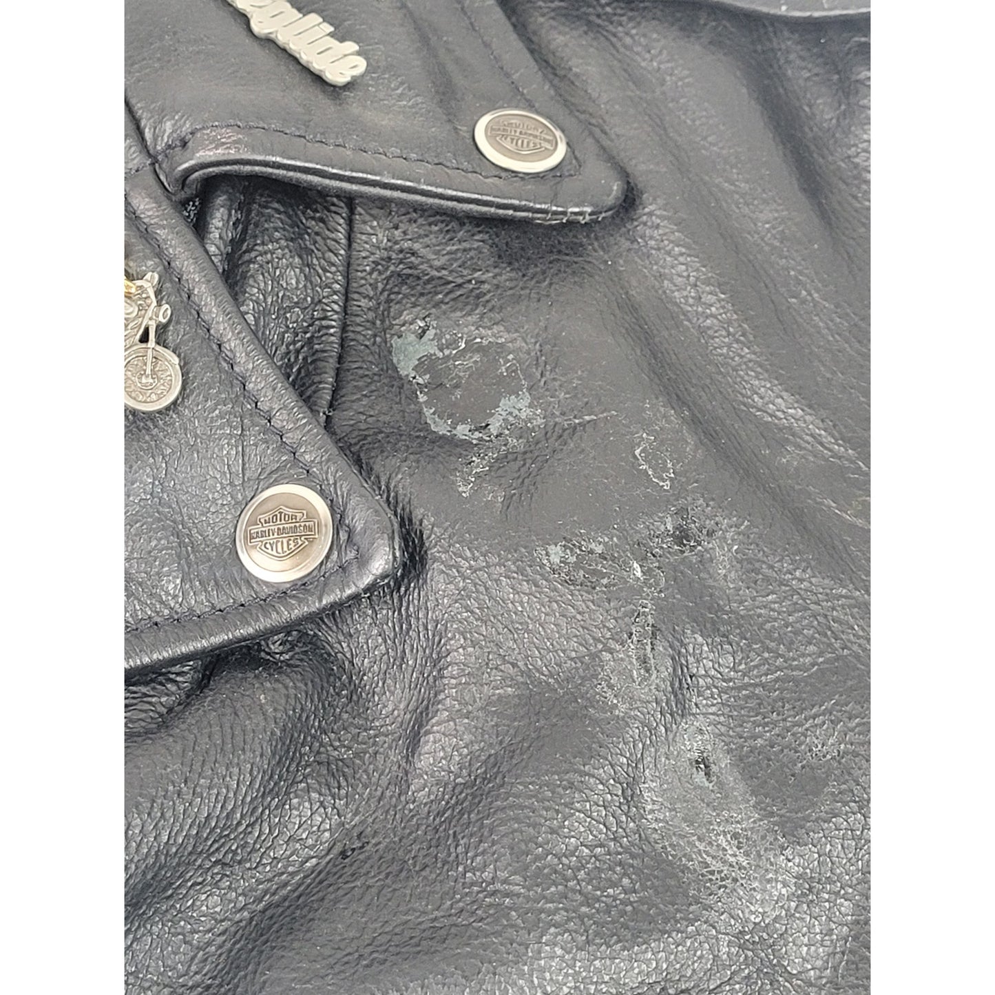 Vintage 90s Harley Davidson Black Leather Motorcycle Jacket with Pins Sz M
