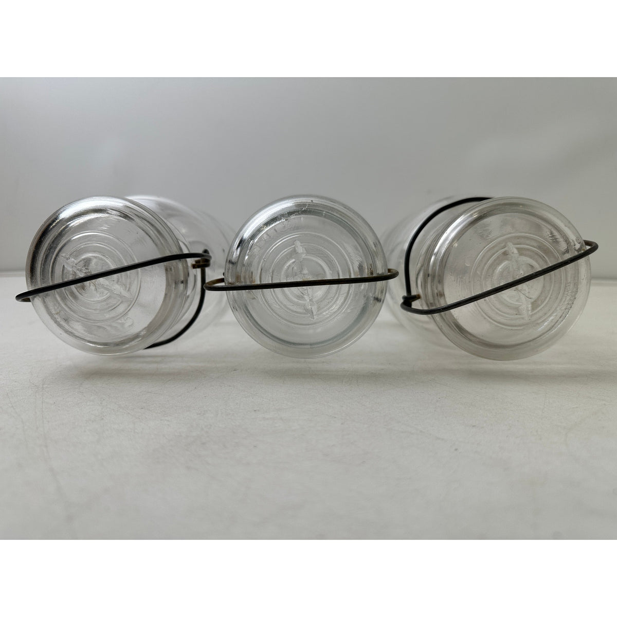 3 Vintage Ball Ideal Clear Glass Quart Mason Jars with Wire Bail Lids