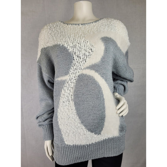 Vintage 80s Lady Lily Abstract Design Grey & White Sweater Angora Women's Sz M/L