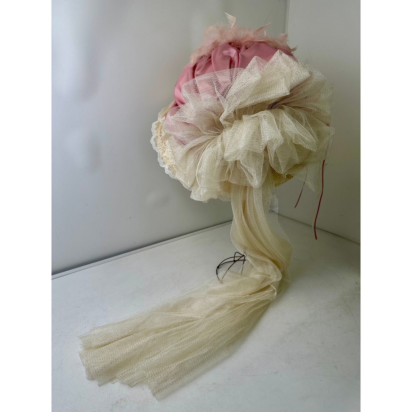 VTG Elsie Massey Originals Pink Floral Wide Brim Victorian Derby Hat