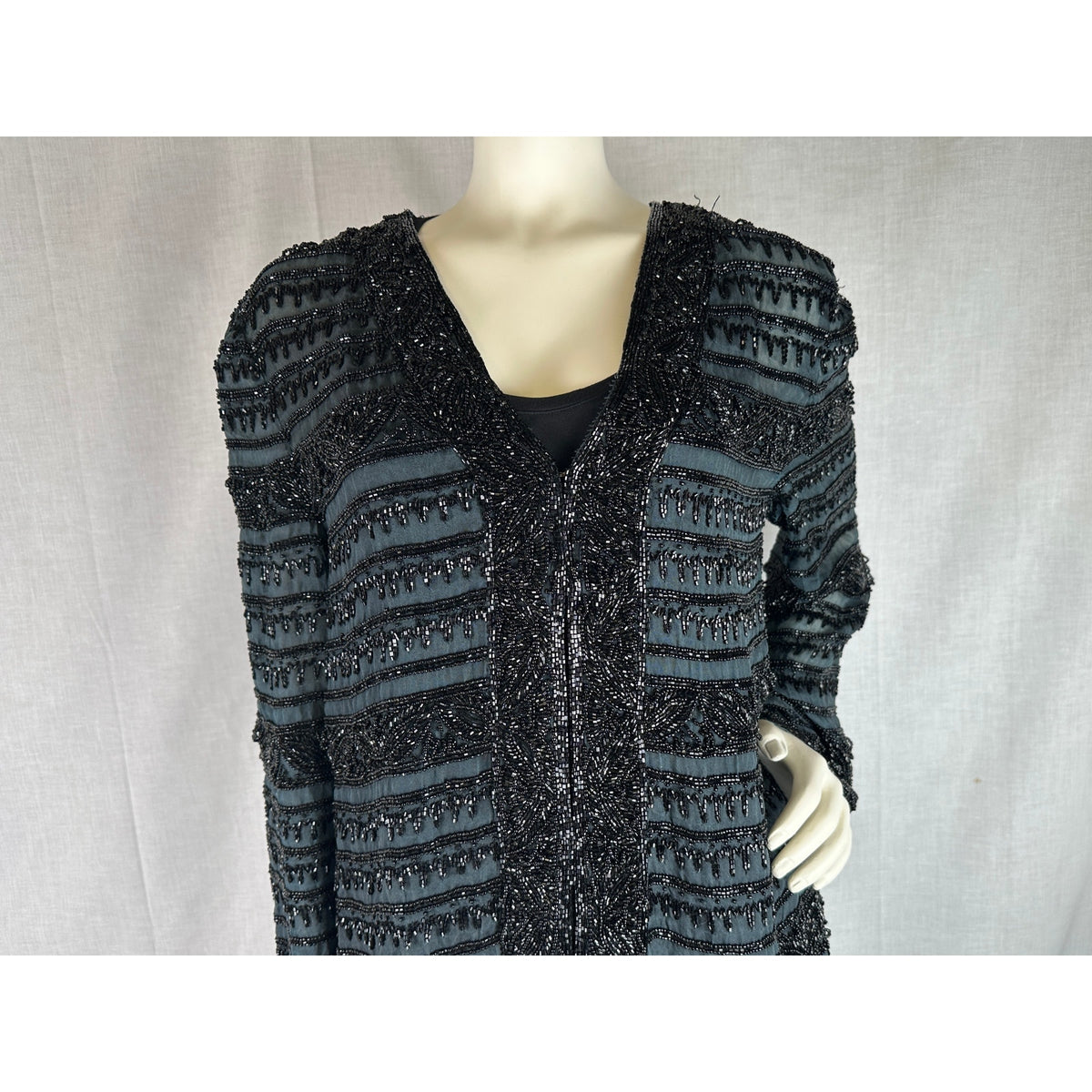 Vintage Oleg Cassini Black Tie Heavily Beaded Silk Evening Jacket Women's Sz L