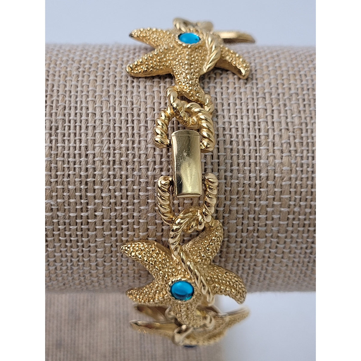 VTG 80s Trifari Gold-Tone Starfish Bracelet w Blue & Green Cabochon Stones EUC