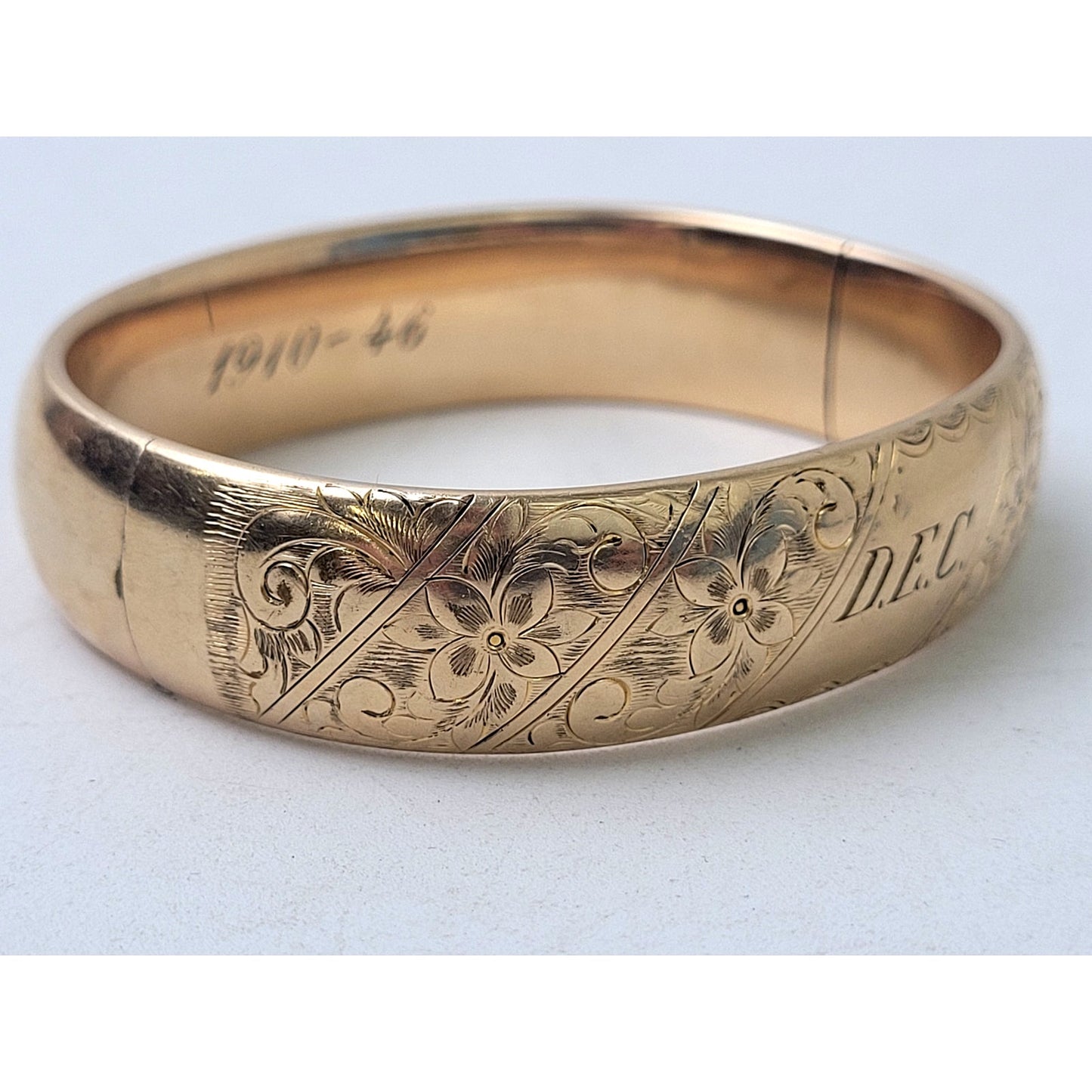 Victorian 14K Yellow GF S.B. Co. Hinged Bangle Bracelet w Floral Etching