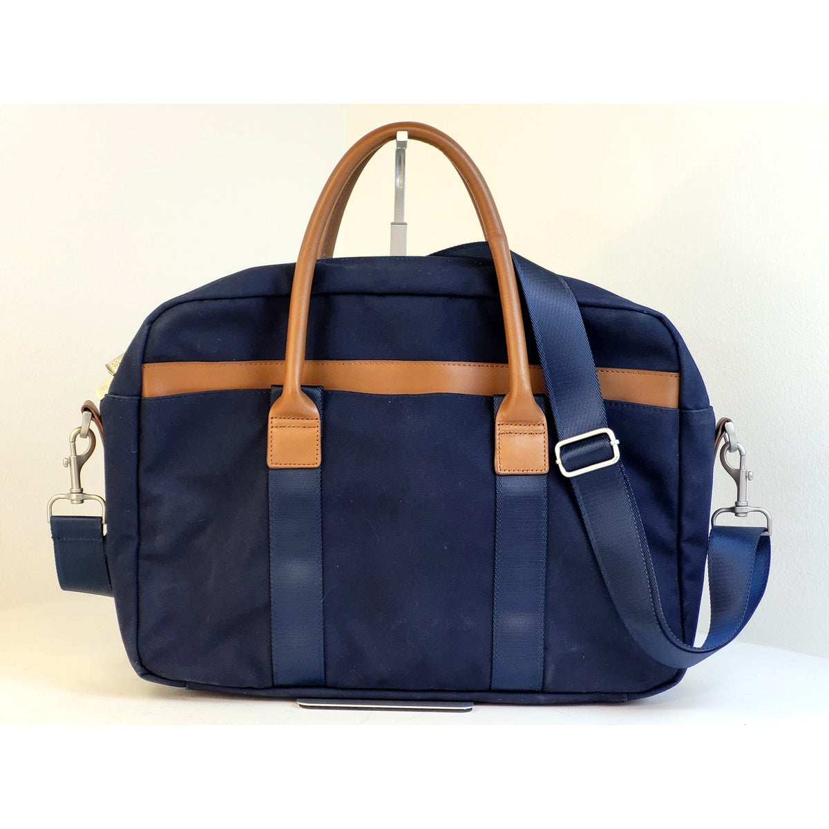 Brooks Brothers Wells Briefcase Navy Blazer Colorway w Brown Leather Handles EUC