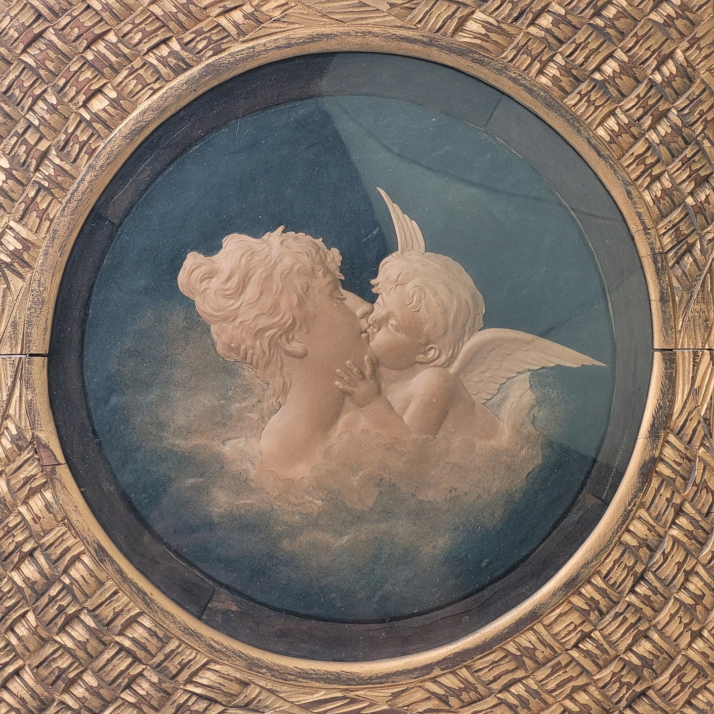Antique Relief-Molded Cherub & Angel Scene in Decorative Gold Wooden Frame