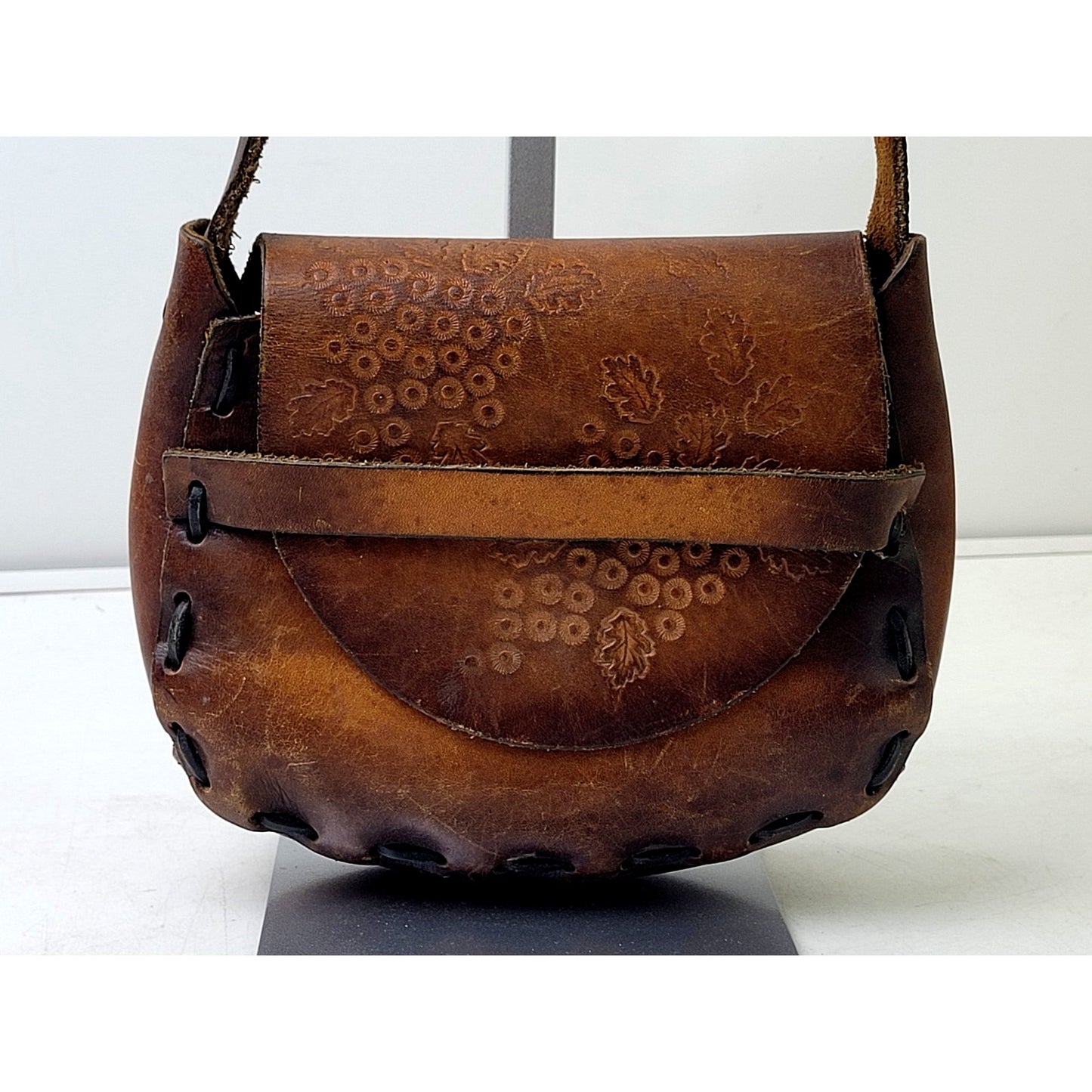 1970s Handmade Tooled Leather Brown Mini Messenger Bag