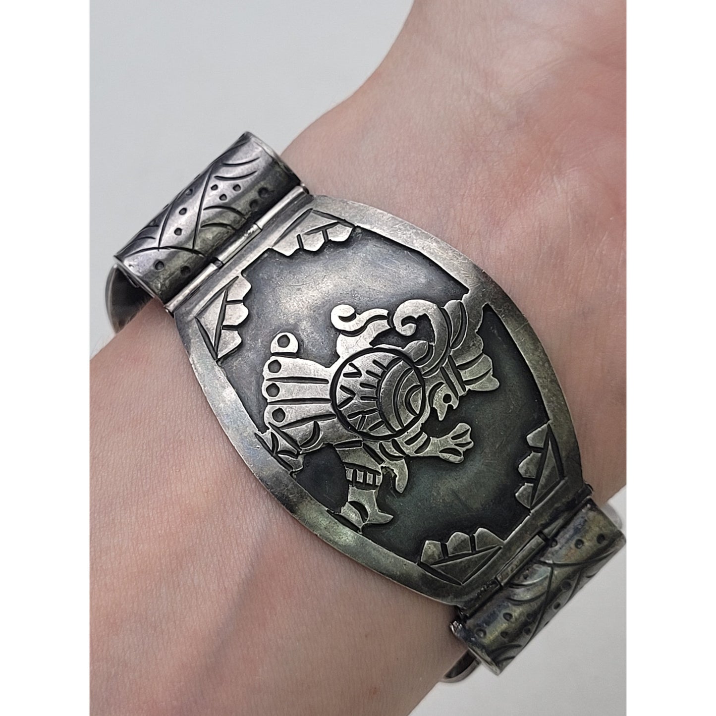 Vintage Mexican Sterling Silver Panel Bracelet Eagle & Aztec Warriors | 42.66 g