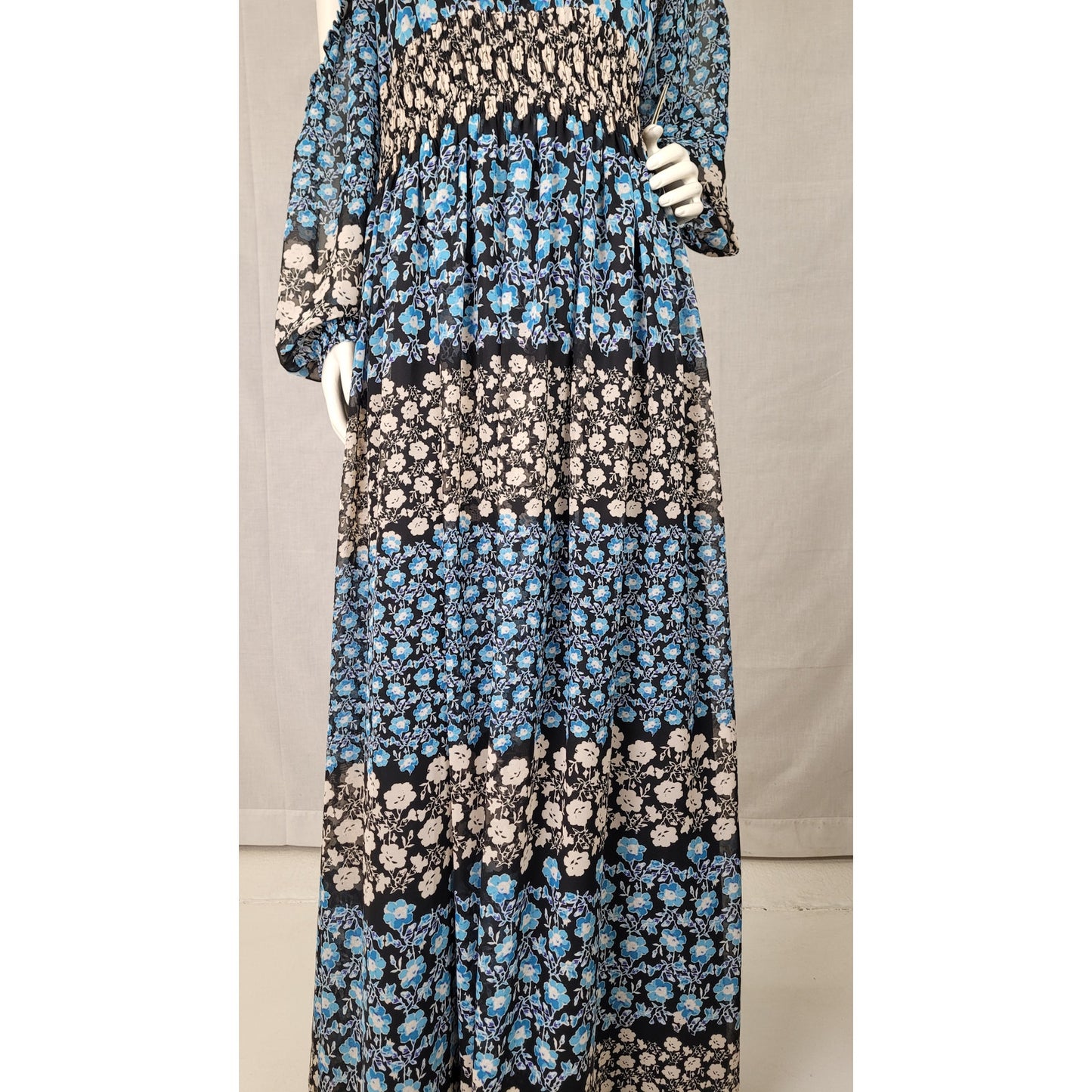 Eliza J Patterned Blue Beige Maxi Dress w Cold-Shoulder Detailing Women's Sz 14