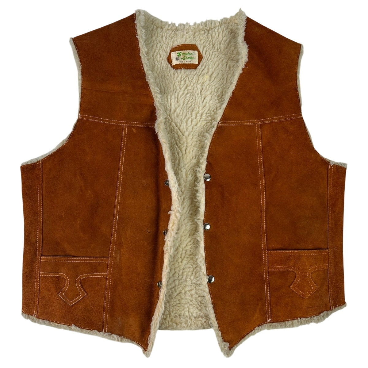 Vintage Western Burnt Orange Genuine Suede Leather Sherpa Lined Vest Men's Sz XL