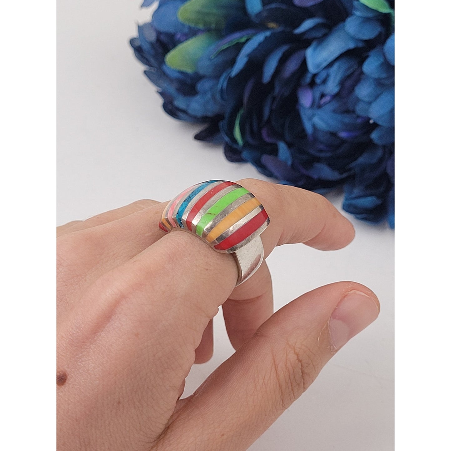 Multi-stone Heavy Thai 925 Silver Ring Native American Style Sz 7 1/4