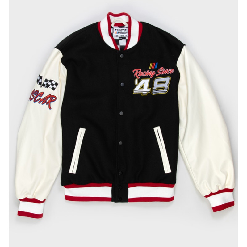 Tillys NASCAR Racing Since '48 Varsity Jacket Black & White Faux Leather Sz XS
