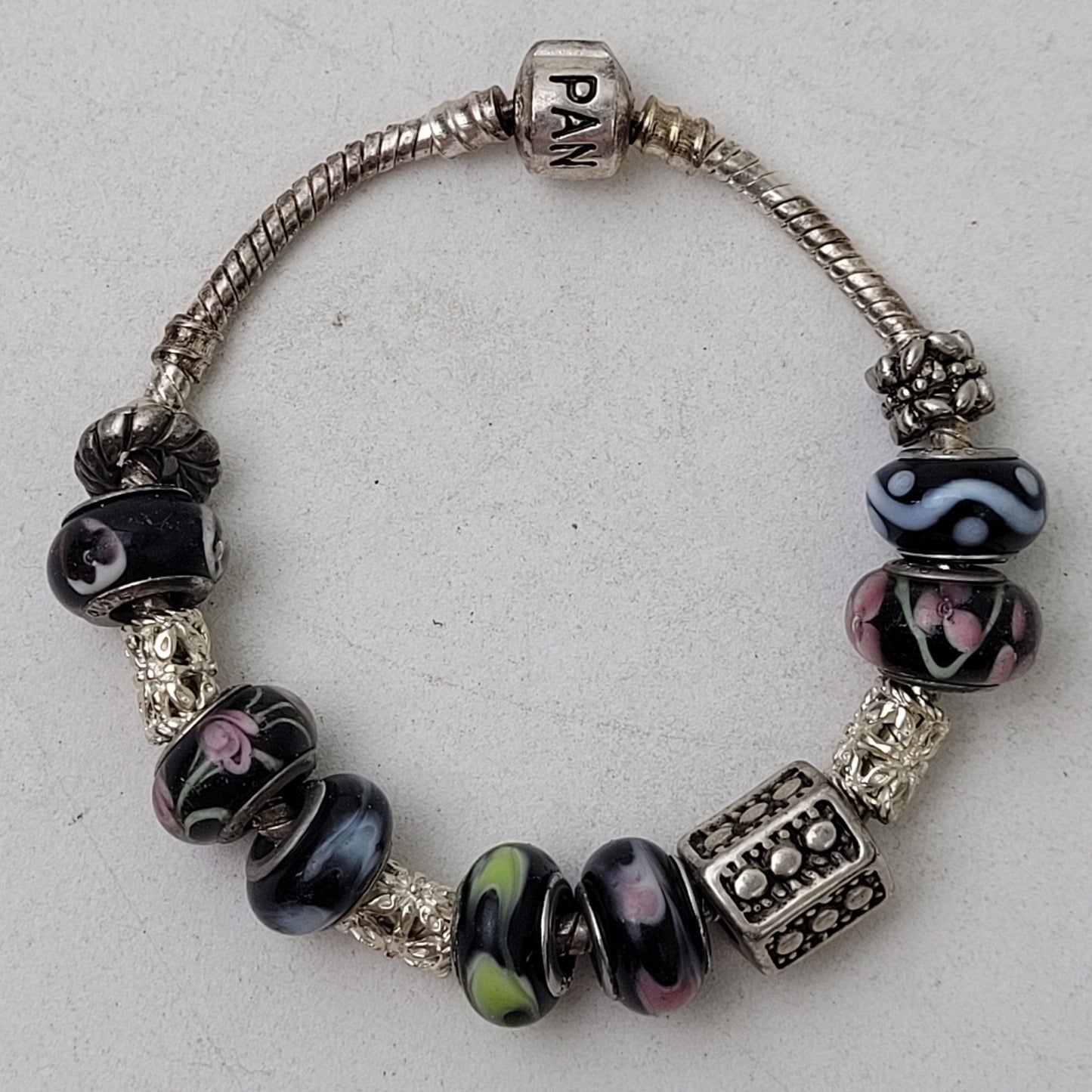 Authentic Pandora Sterling Silver Bracelet 13 Charms | Murano Glass & Metal