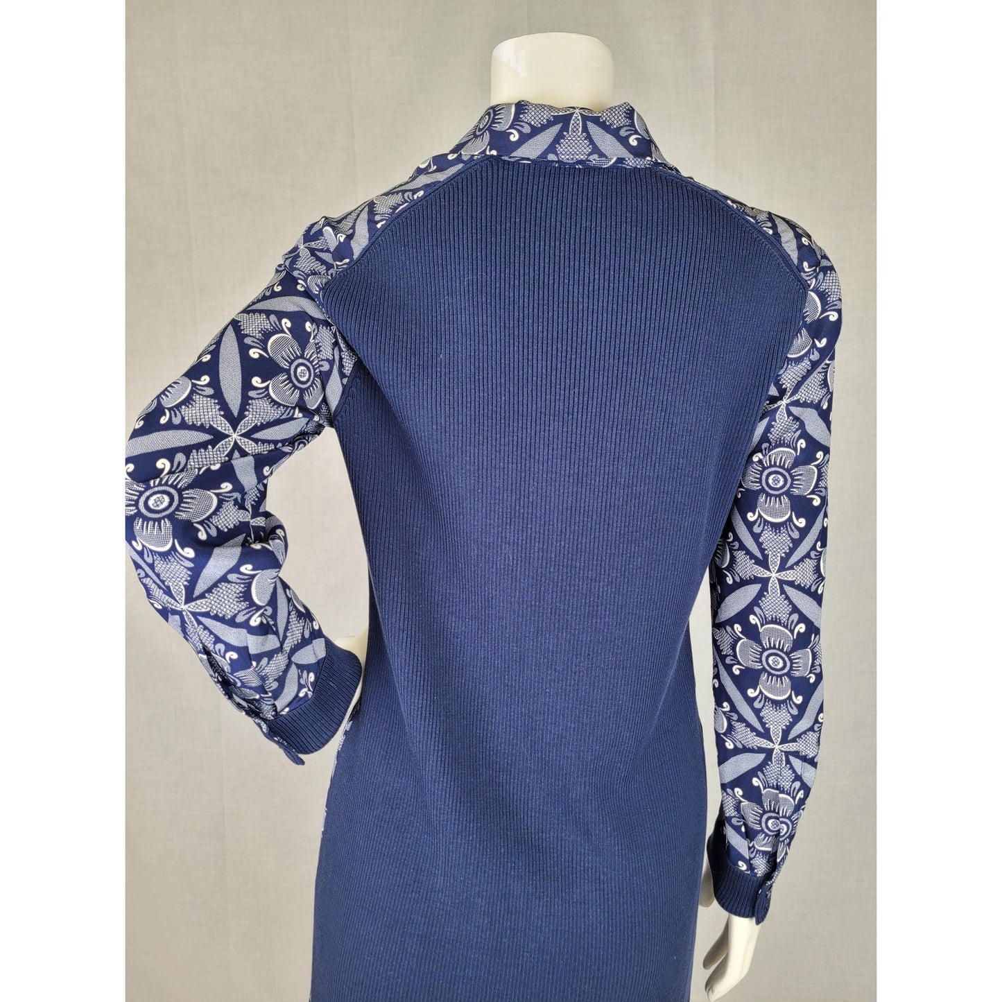 Diane von Furstenburg Sorrel Navy Blue Silk Pattern & Knit Shirt Mini Dress Sz S