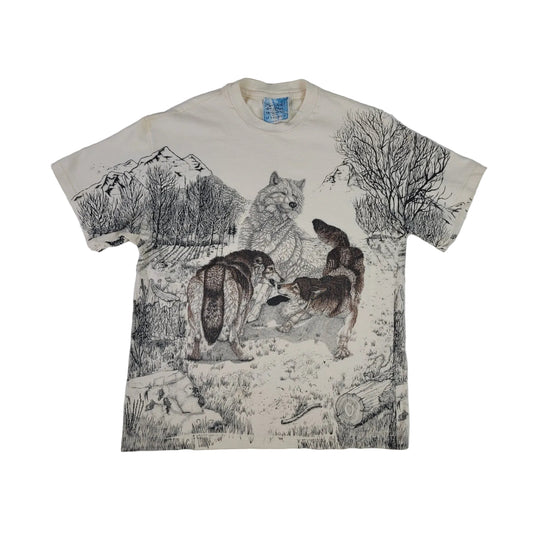 Vintage All Over Wolf Print Graphic Single Stitch T-shirt Men's Sz L