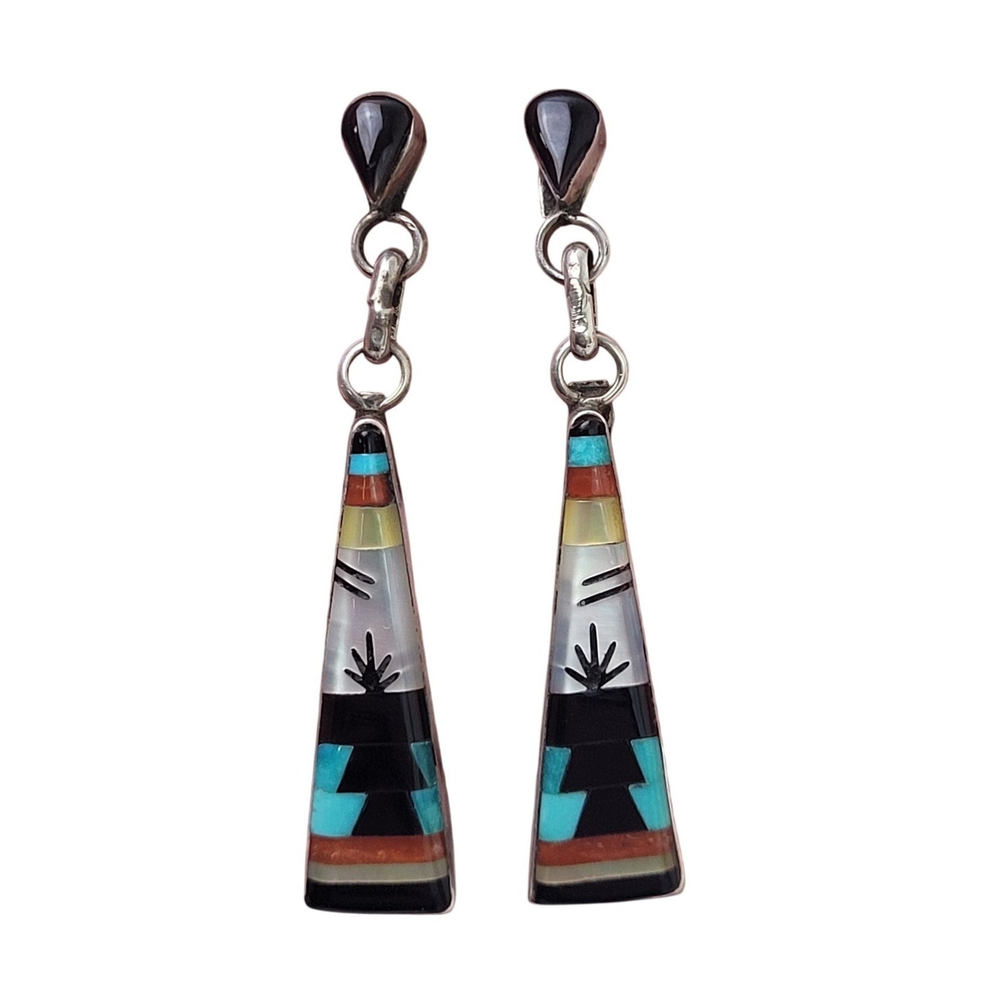 Handmade Native American Zuni Sterling Silver Earrings Multi-Stone Inlay