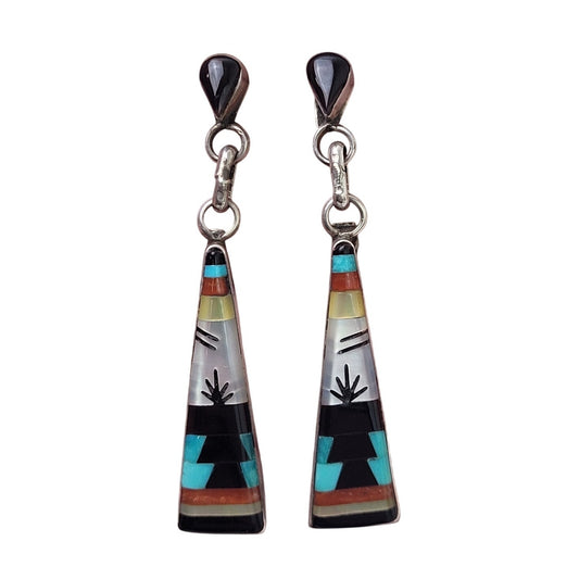 Handmade Native American Zuni Sterling Silver Earrings Multi-Stone Inlay