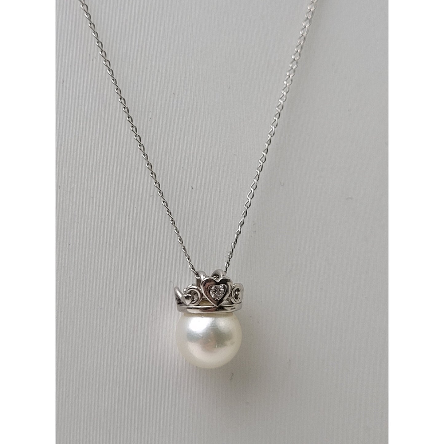 14K White Gold Pearl & Diamond Charm Pendant on 14K White Gold 16" Chain