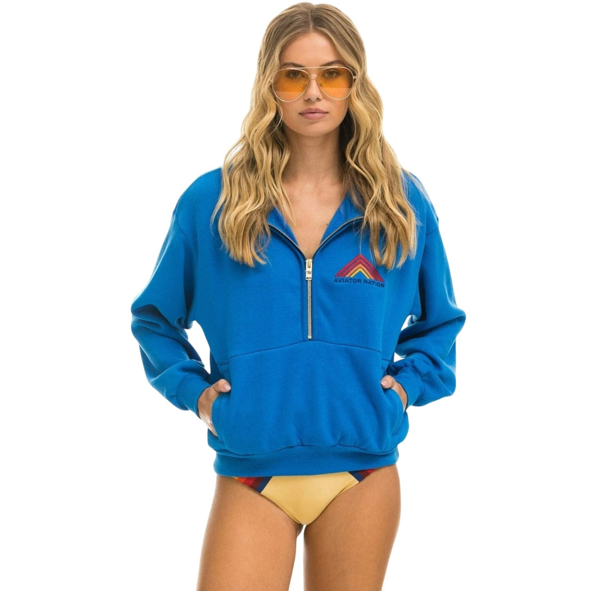 Aviator Nation Mountain Embroidery Half Zip Sweatshirt Ocean Blue Sz M