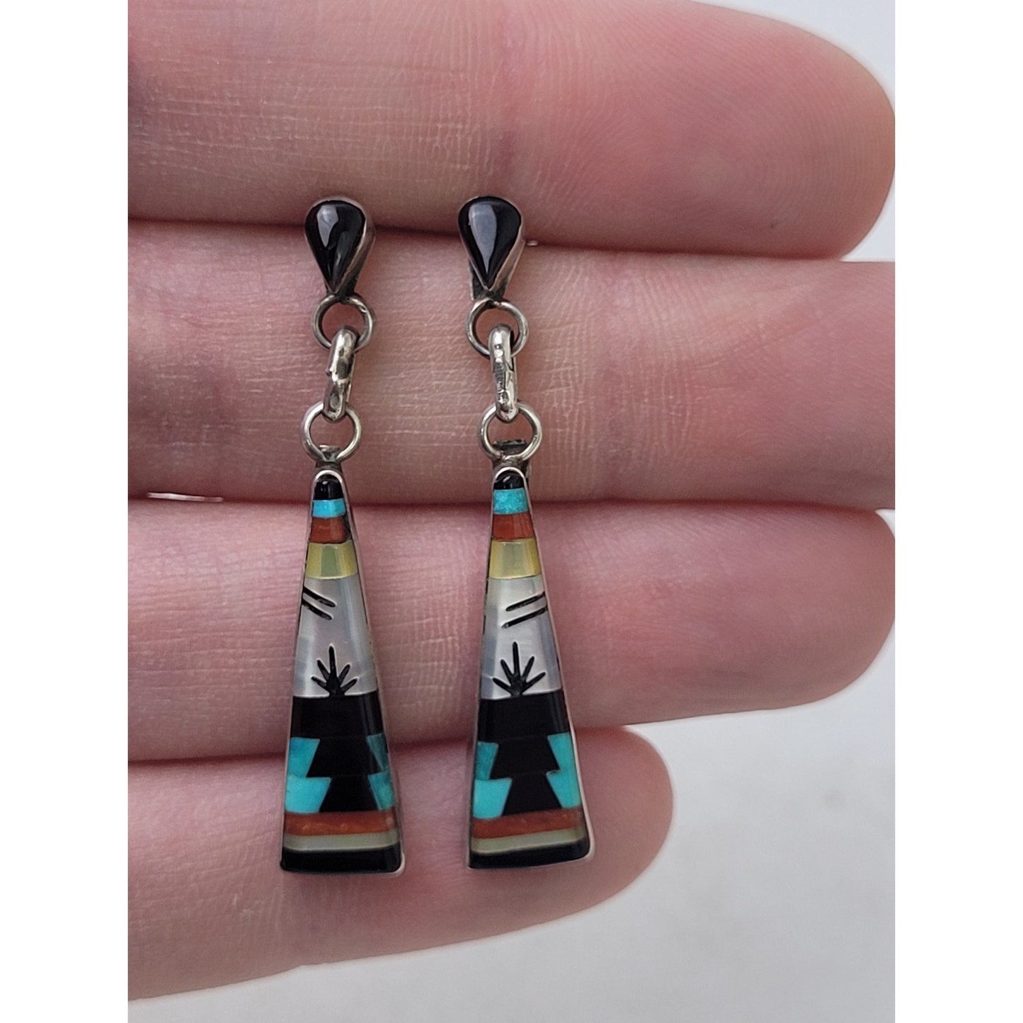 Handmade Native American Zuni Sterling Silver Earrings Multi-Stone Inlay