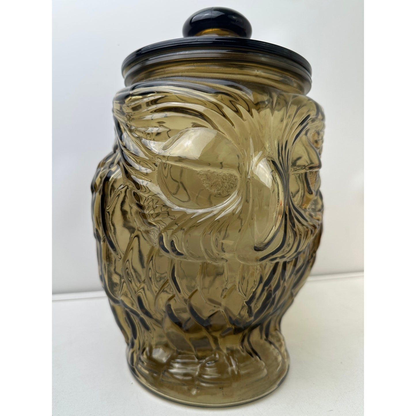 Vintage 70s Libbey Smoked Brown Glass Wise Owl Cookie Jar