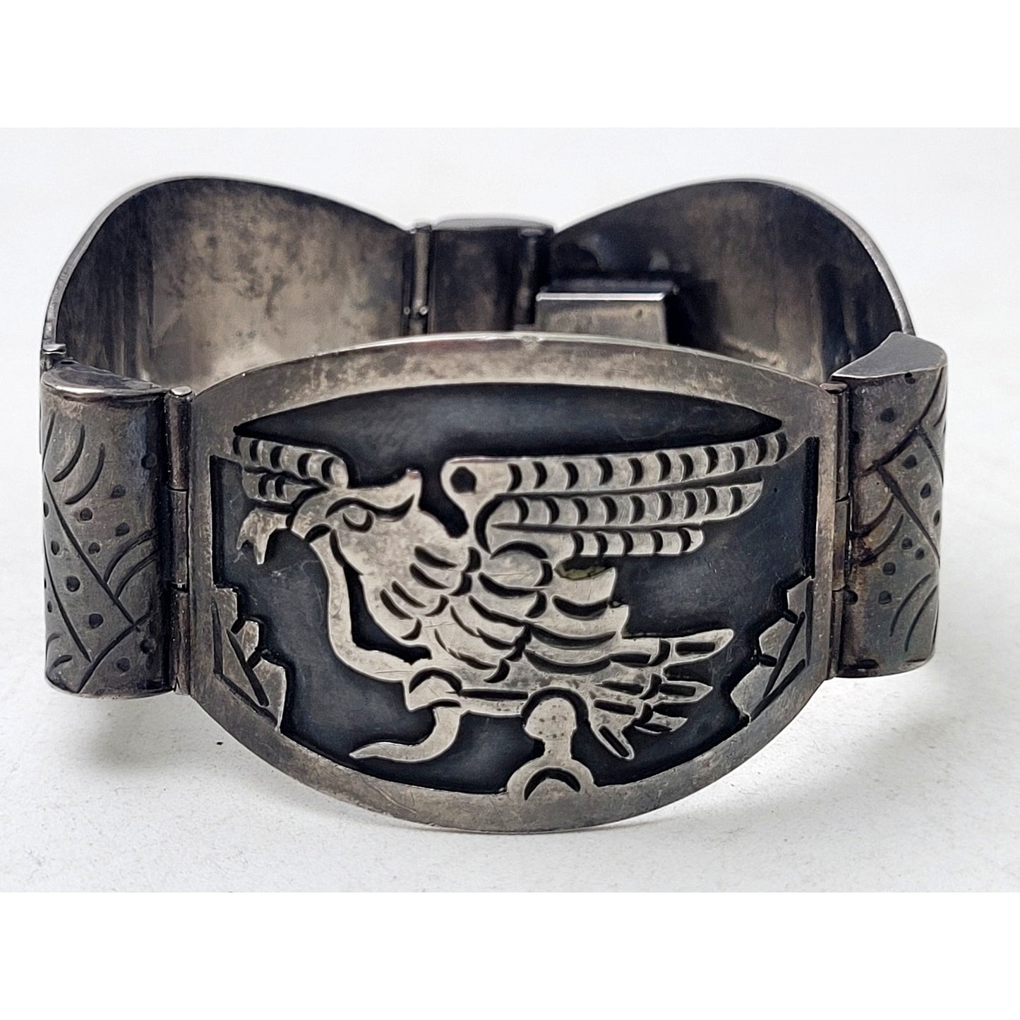 Vintage Mexican Sterling Silver Panel Bracelet Eagle & Aztec Warriors | 42.66 g