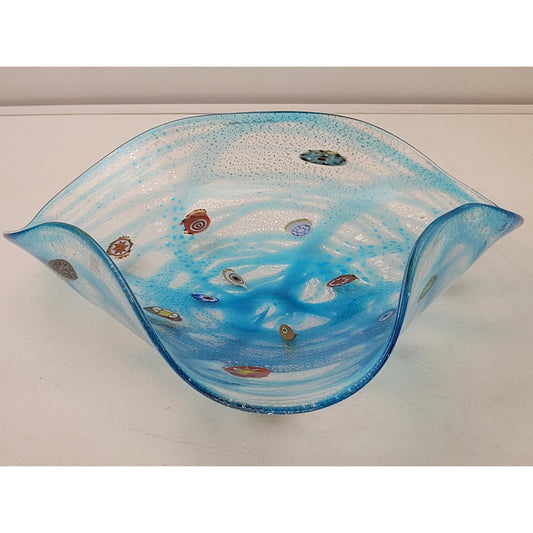 VTG Murano Glass Art Wavy Glass Bowl Light Blue Multicolored 12 1/2"x12 1/2"
