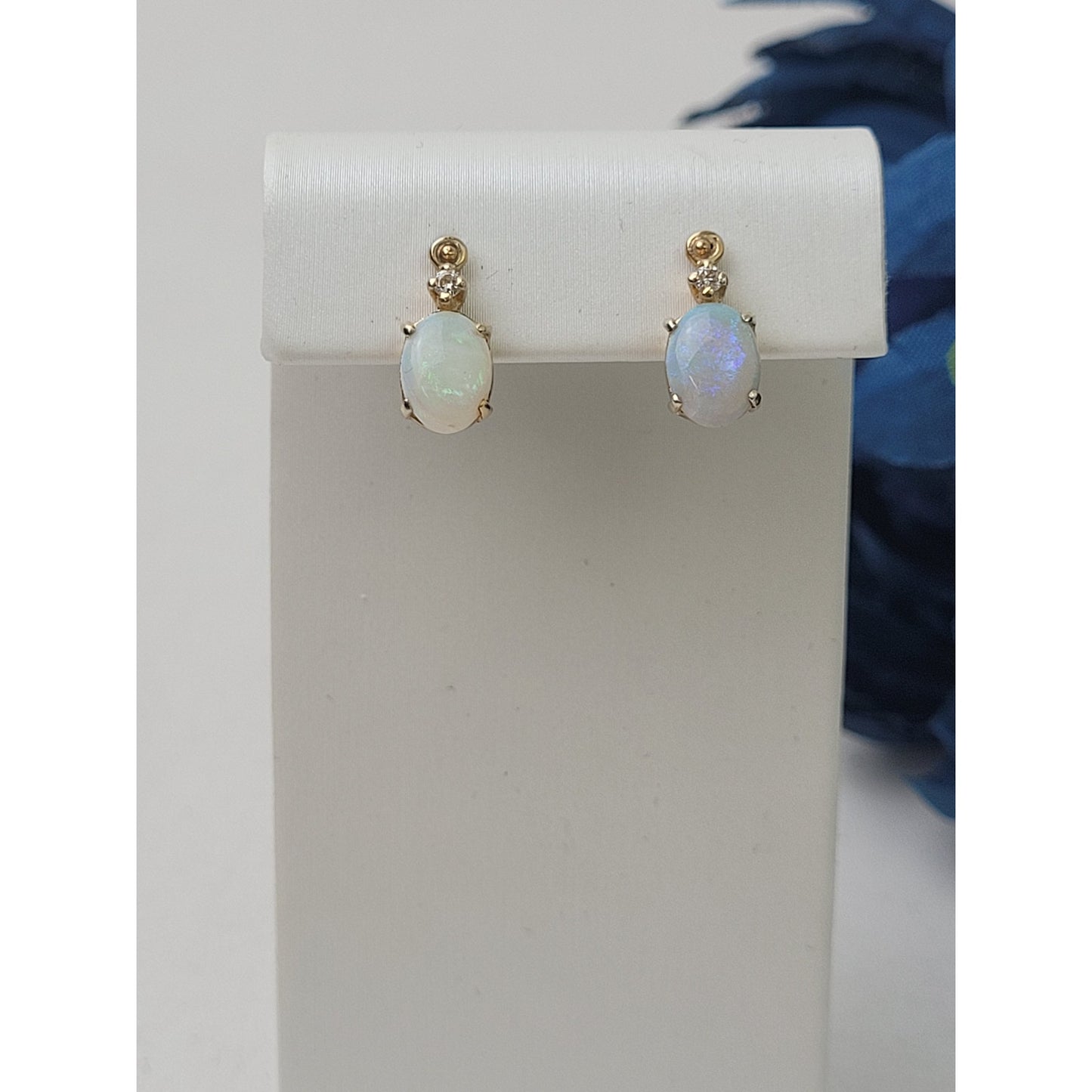 14K Gold Natural Opal & Diamond Earrings w Screw Back | 2.12 grams