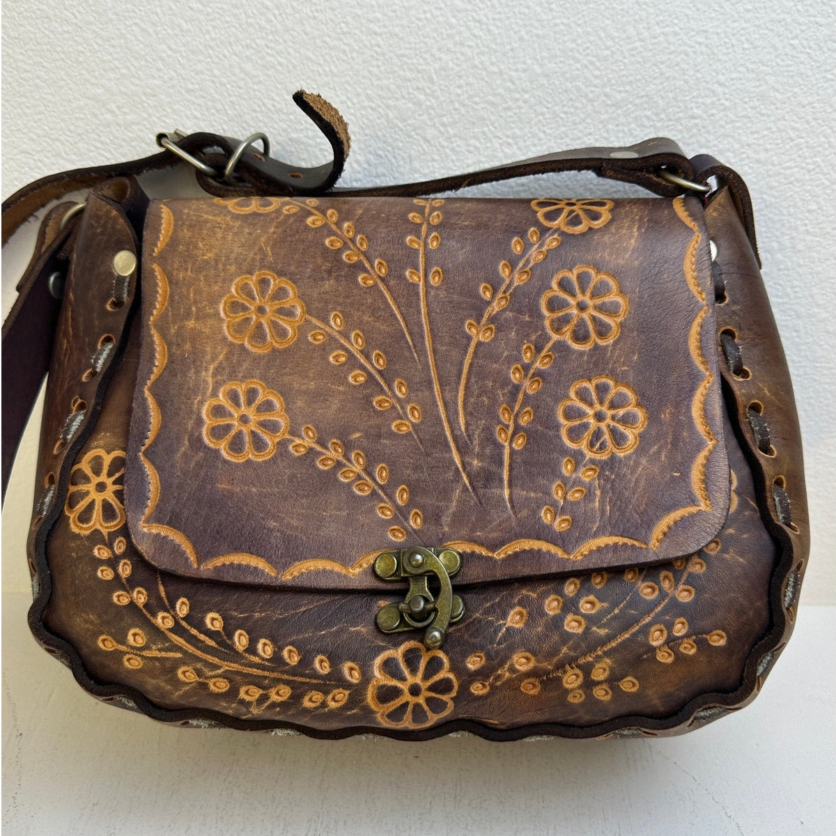 Vintage Mexican Hand-Tooled Floral Leather Crossbody Saddle Bag