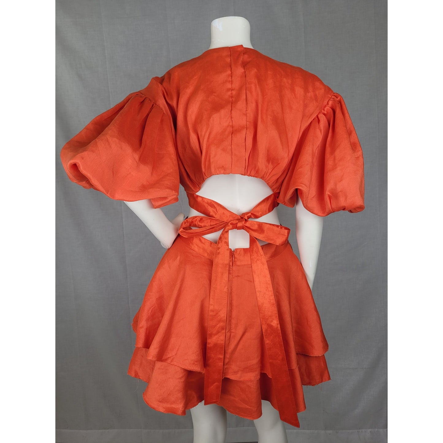 Aje Gracious Cut-Out Mini Dress Raw Cut Hem Voluminous Sleeves Women's Sz 6