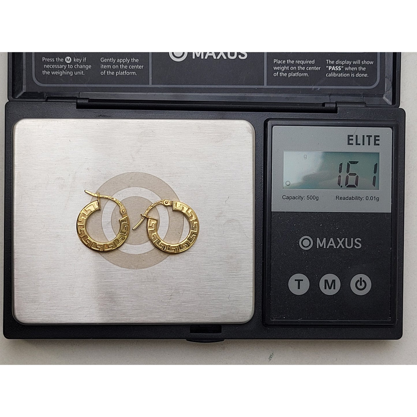 18K Yellow Gold Greek Key Huggie Hoop Earrings Made in Italy | 15mm | 1.61 Grams