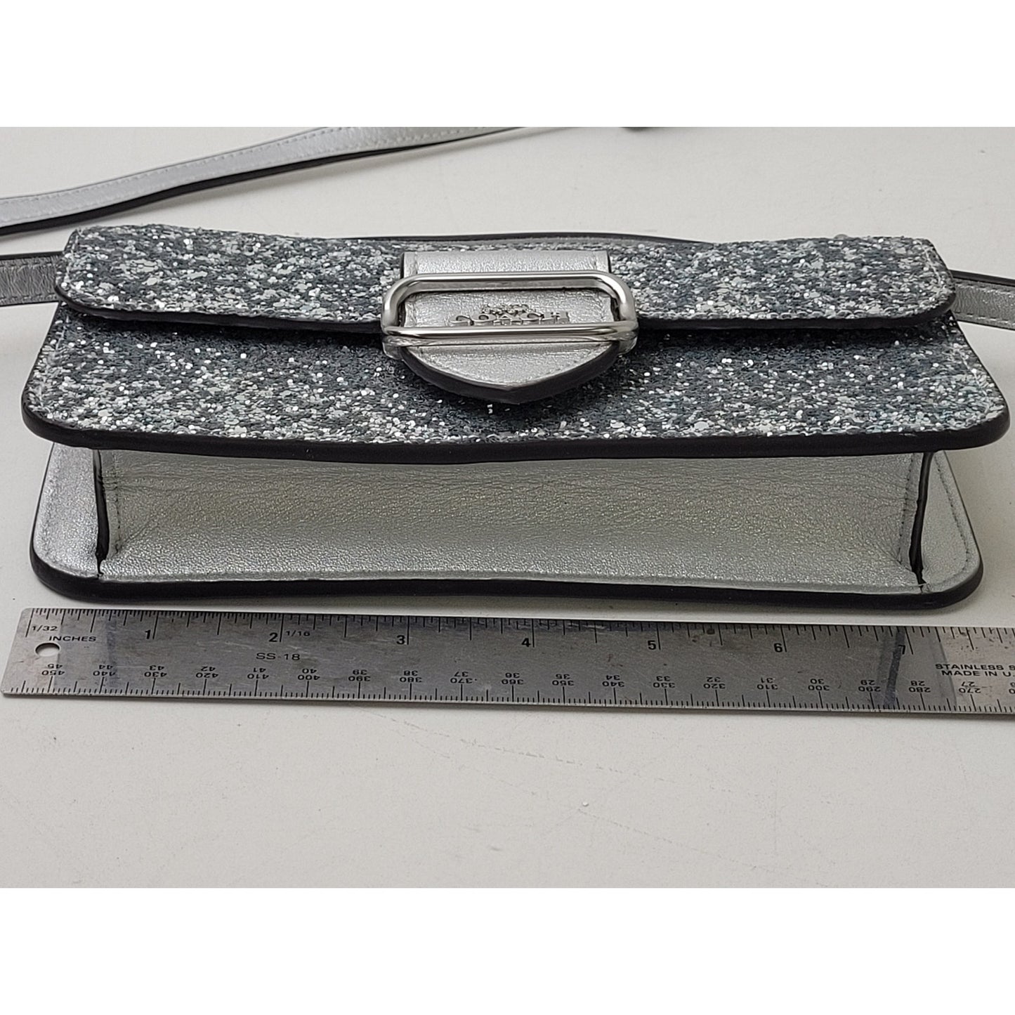 Coach Morgan Crossbody Clutch Bag Silver Glitter & Leather EUC